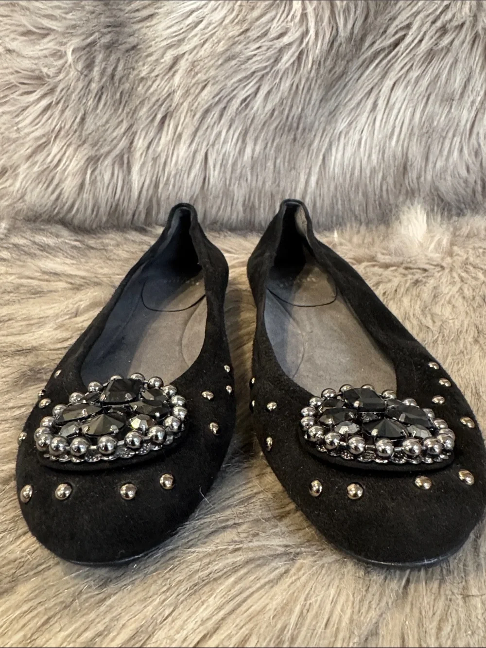 Stuart Weitzman Embellished Black Suede Ballet Flats Size 10